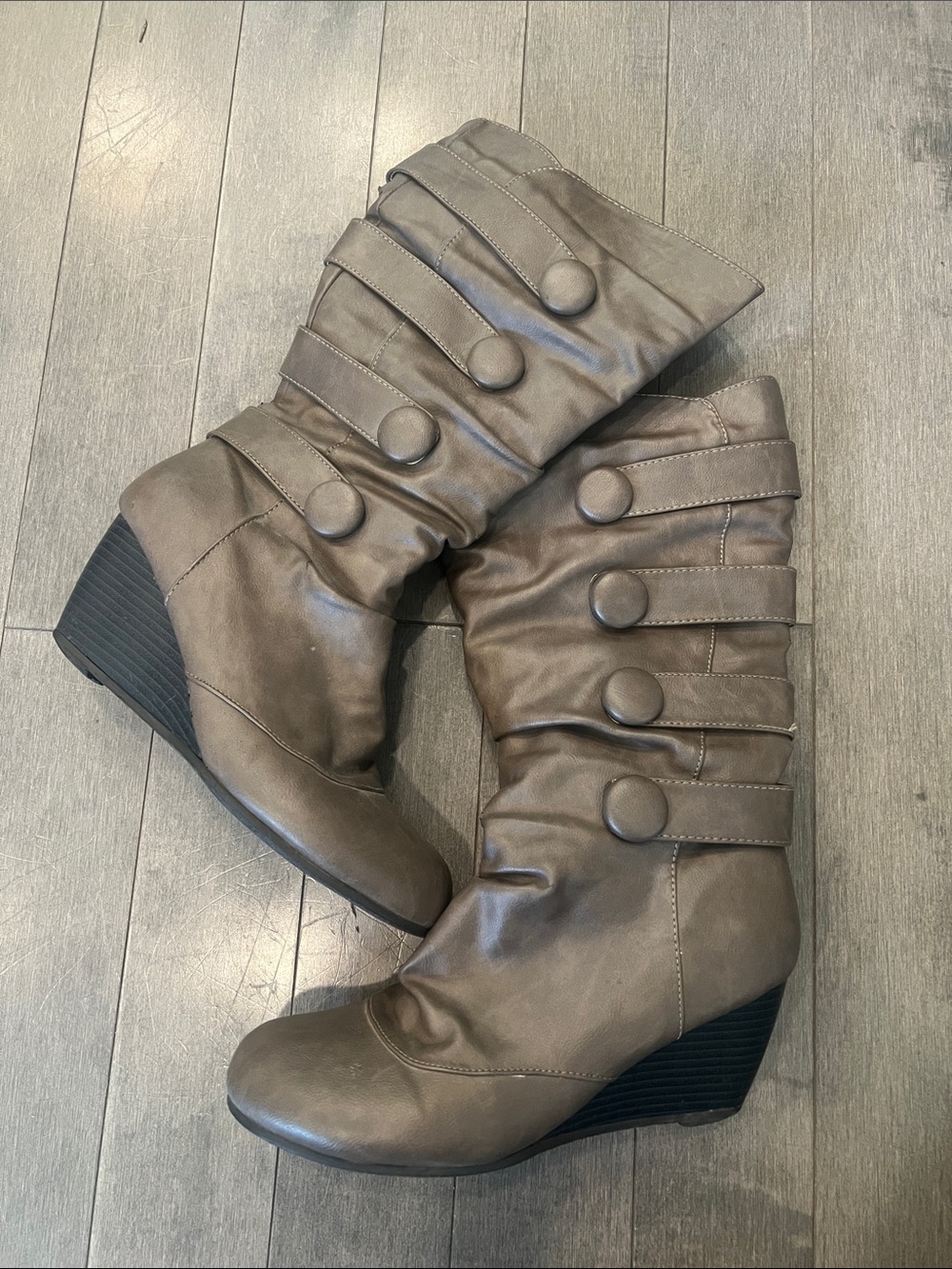 Ardene Taupe Wedge Mid-Calf Button Strap Boots